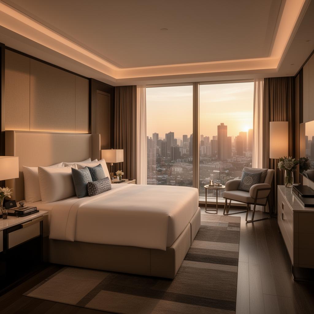 Premium-Schlafzimmer im Condo-Hotel mit Blick auf die Skyline