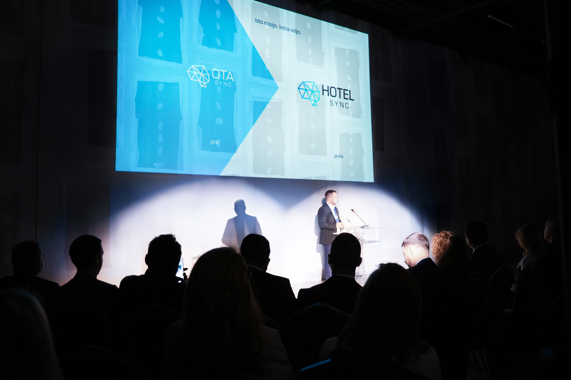 HotelSync-Rebranding-Präsentation auf der Bühne, die den Übergang von OTA Sync zu HotelSync zeigt