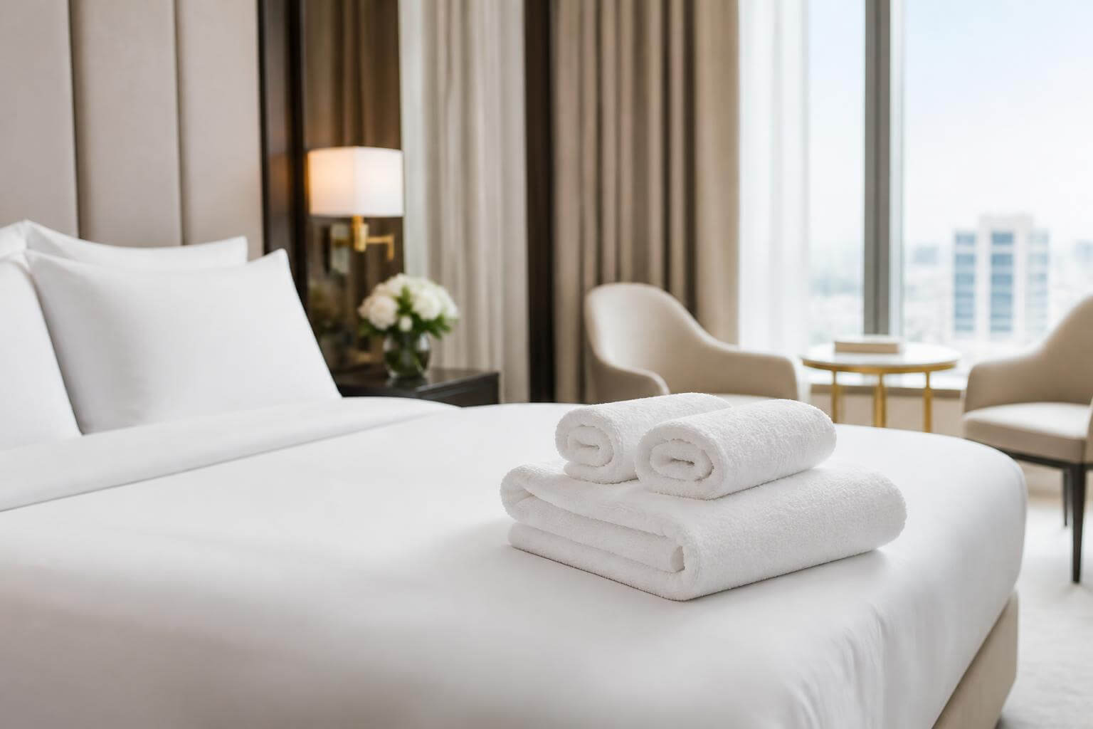 Luxuriöses Hotelzimmer mit ordentlich gefalteten weißen Handtüchern auf einem frisch bezogenen Bett
